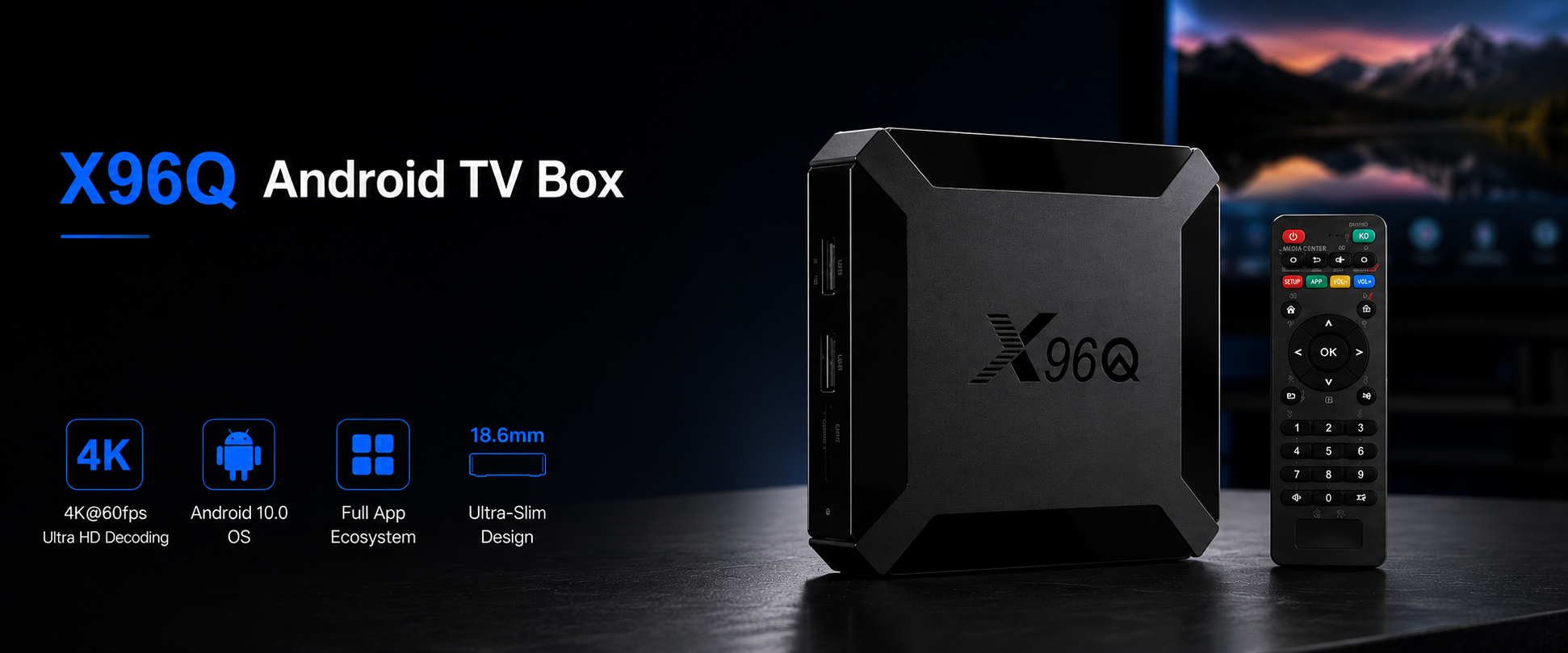 Black Android TV box with remote, displayed on a dark surface; features include 4K resolution, Android 10.0 OS, full app ecosystem, and ultra-slim design, with a mountain landscape screen in background.