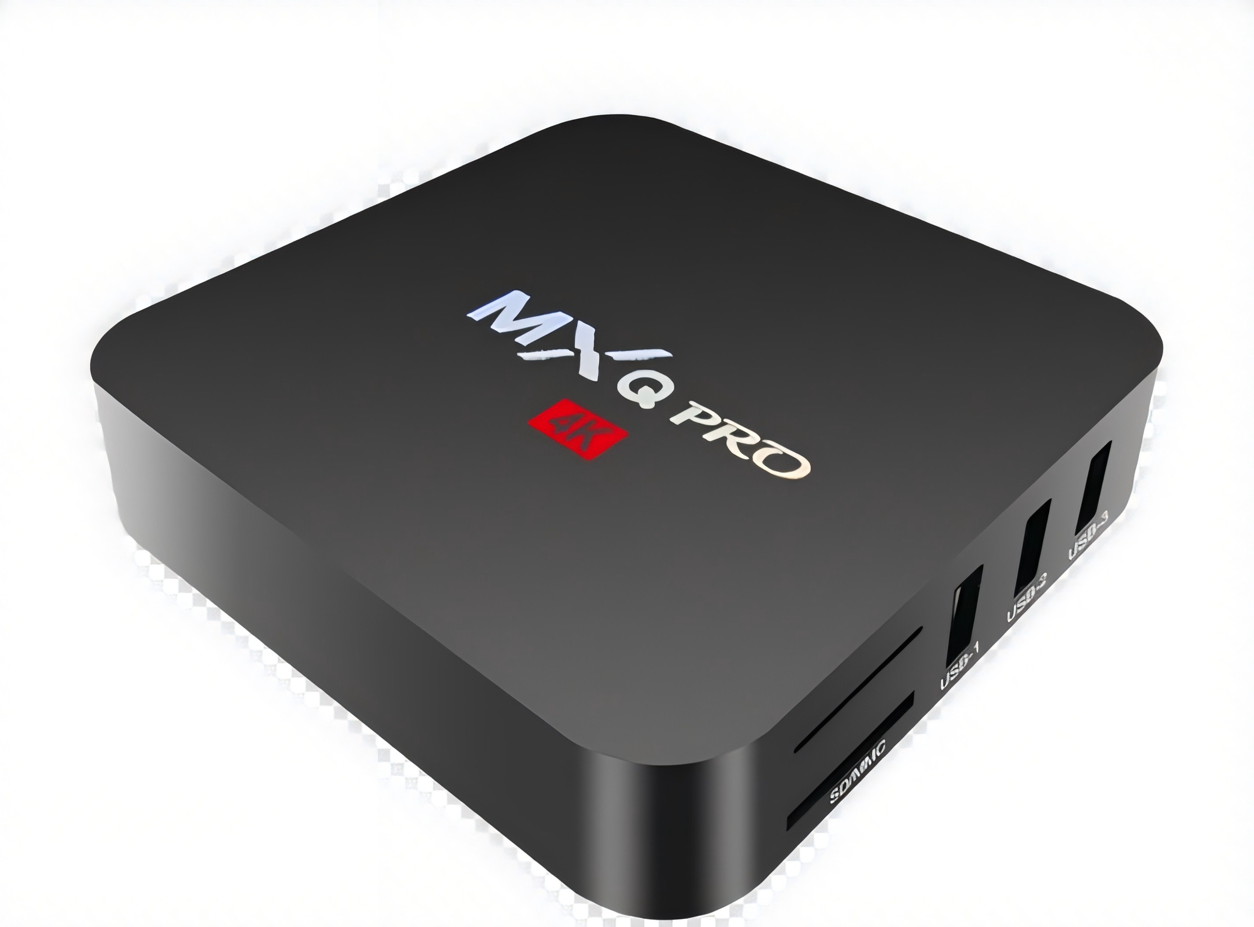 Close-up of a black electronic device labeled 'MiQ Pro 4K' with various ports on the side.