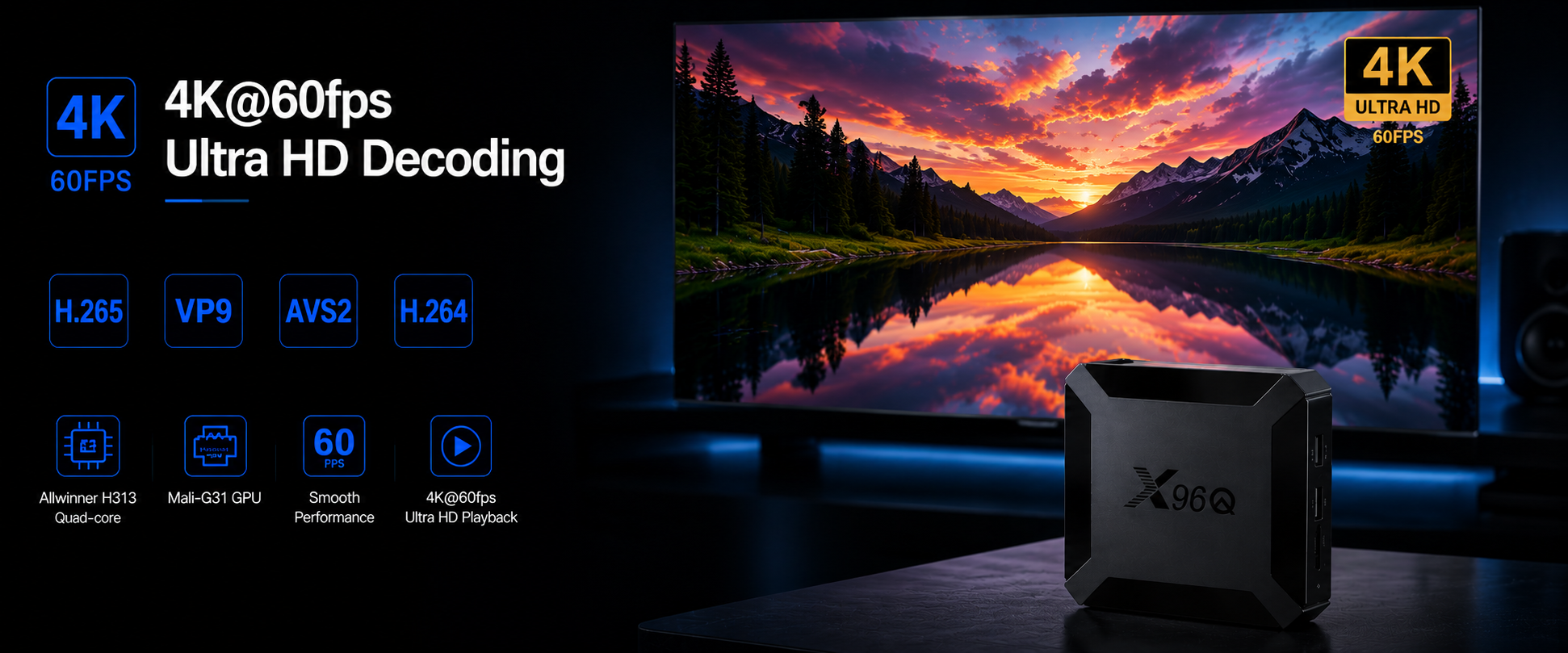 Packaging of an electronic device, likely a media player or streaming box, featuring 4K Ultra HD decoding, highlighting features like H.265, VP9, AVS2, and H.264 video codecs, with specifications such as Allwinner H313 quad-core processor, Mali-G31 GPU, 60 FPS playback, and a scenic mountain and lake landscape on the background display.