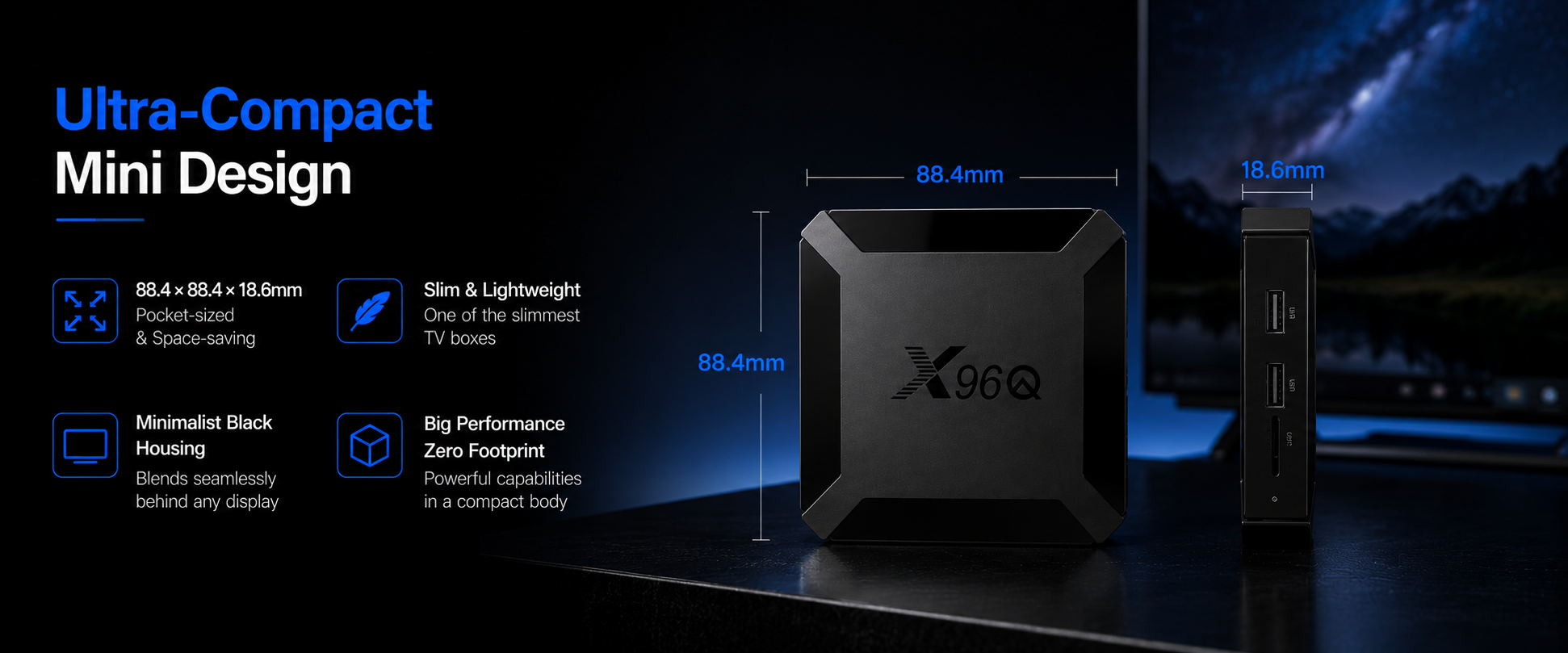 A promotional image for the X96Q mini TV box features product dimensions and key features, such as ultra-compact size, slim and lightweight design, minimalist black housing, and powerful performance in a small footprint. The image shows the front and side views of the black TV box, with measurements of 88.4mm by 88.4mm by 18.6mm.