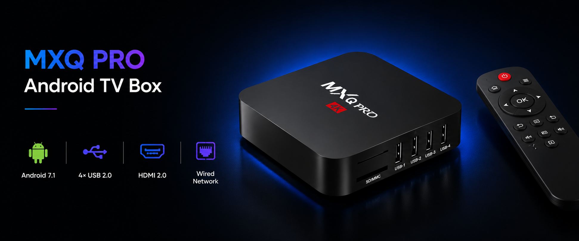 Image of MXQ Pro Android TV Box with remote control, highlighting features like Android 7.1, 4 USB ports, HDMI 2.0, and wired network connection.