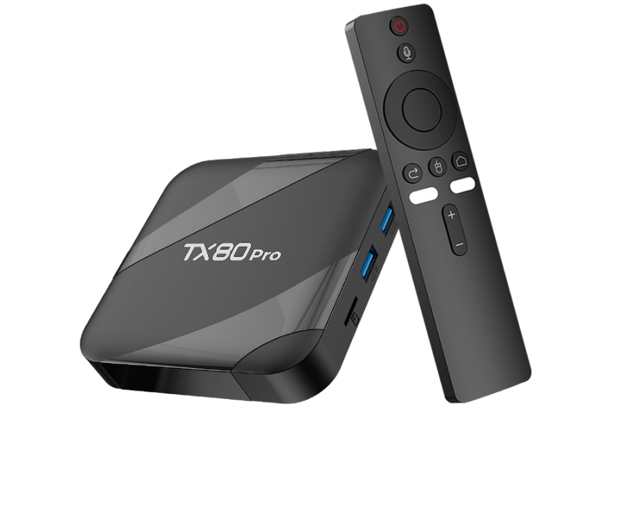 A black Android TV box labeled 'TA80Pro' with a remote control placed on top of it. The TV box has two USB ports.
