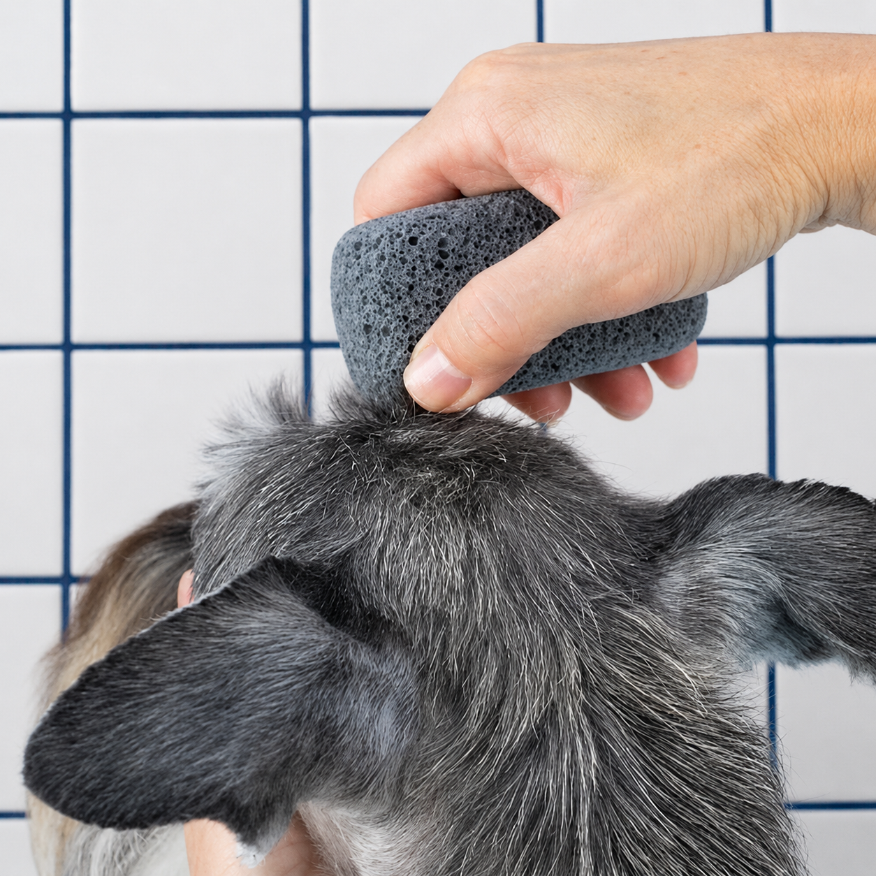 Une main utilise une éponge grise pour nettoyer ou rincer la tête d'un chien à poils courts et gris, contre un mur blanc et bleu.