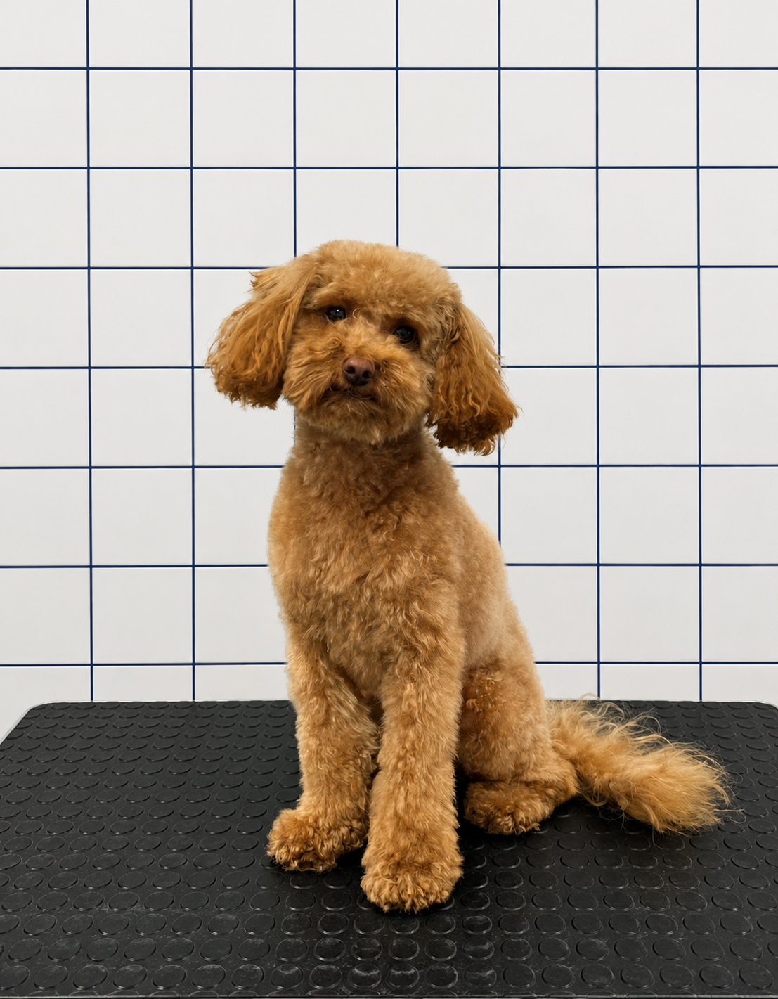 Un chien de race caniche dans un environnement blanc avec un mur à carreaux bleus.