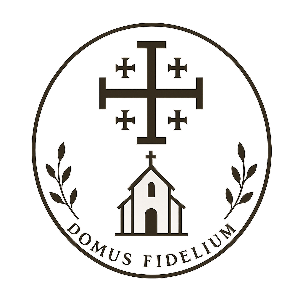 A logo with a black background featuring a white church building, a large cross above the church, and two laurel branches on each side. The words "DOMUS FIDELIUM" are written below the church inside an oval outline.