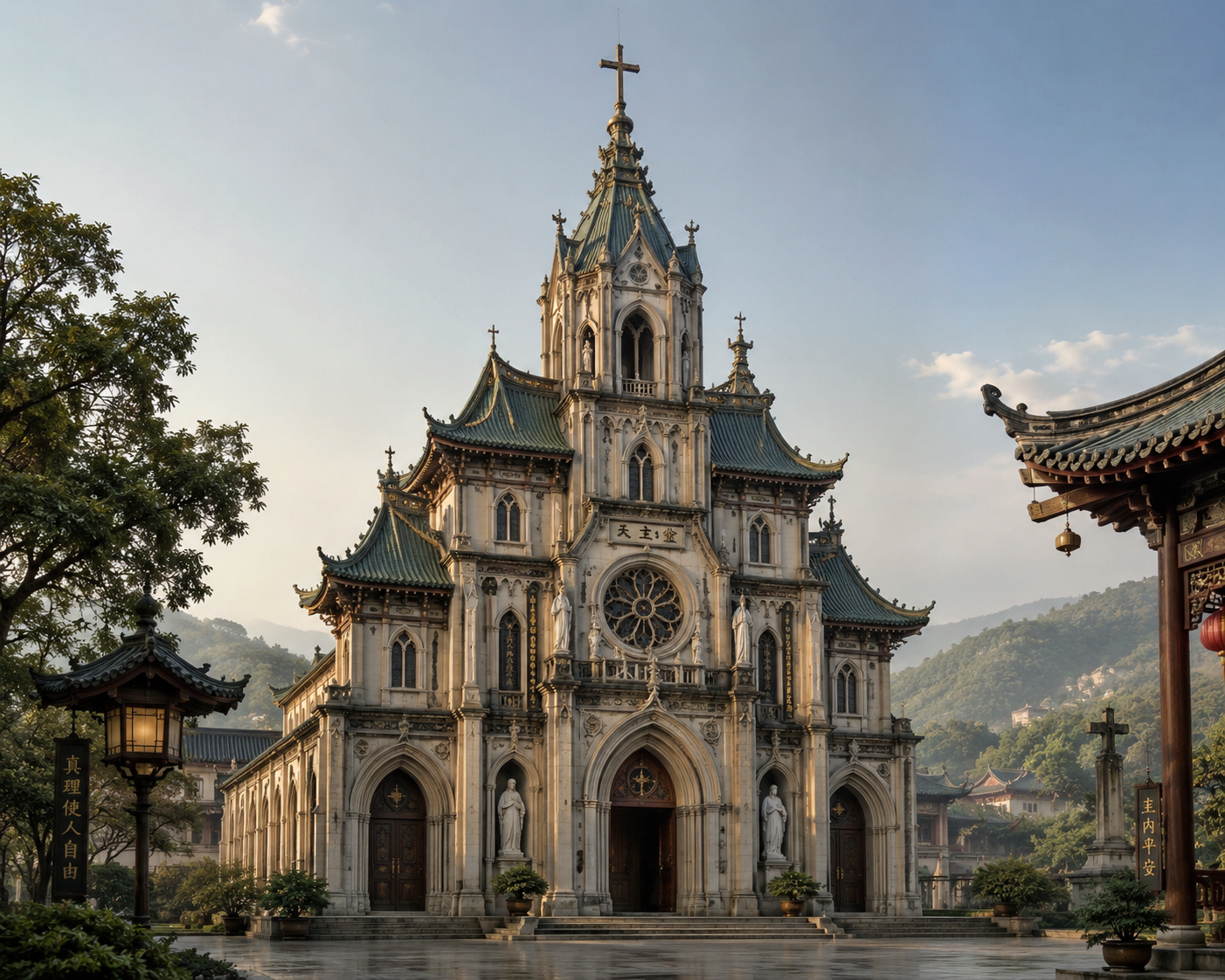 A large ornate church with gothic and Asian architectural elements, surrounded by trees and mountains, during sunset.
