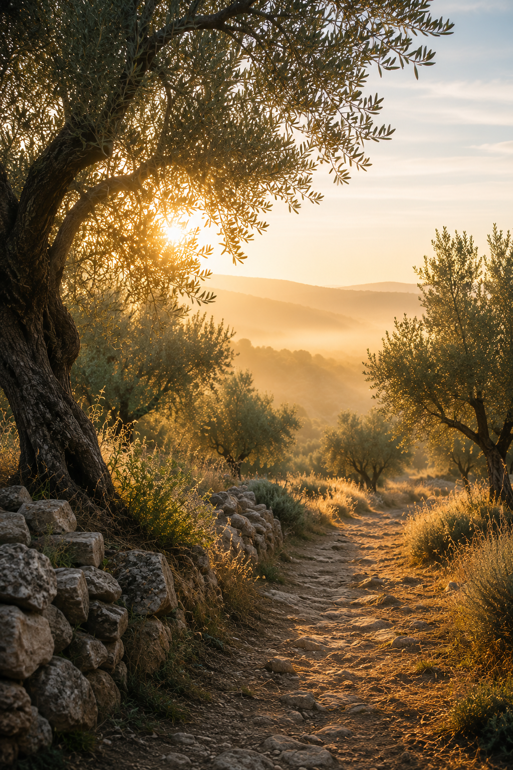 Sunrise over a dirt path through an olive grove with rocky borders, surrounded by trees and rolling hills in the background.