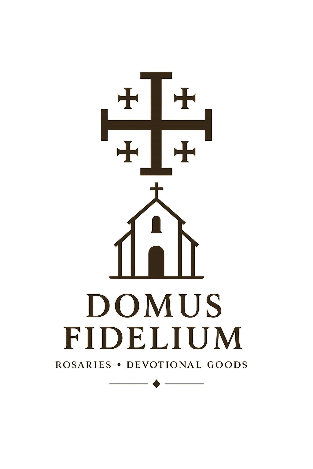 Black background with a gold outline illustration of a church and a cross with four smaller crosses above it. Below the illustration, the text reads 'DOMUS FIDELIUM' and 'ROSARIES • DEVOTIONAL GOODS'.