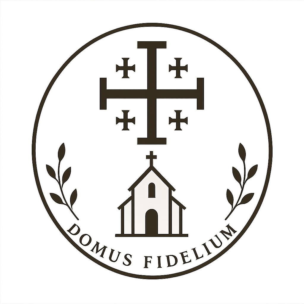 A circular emblem featuring a church and cross symbols, flanked by laurel branches, with the Latin phrase 'Domus Fidelium' written underneath.