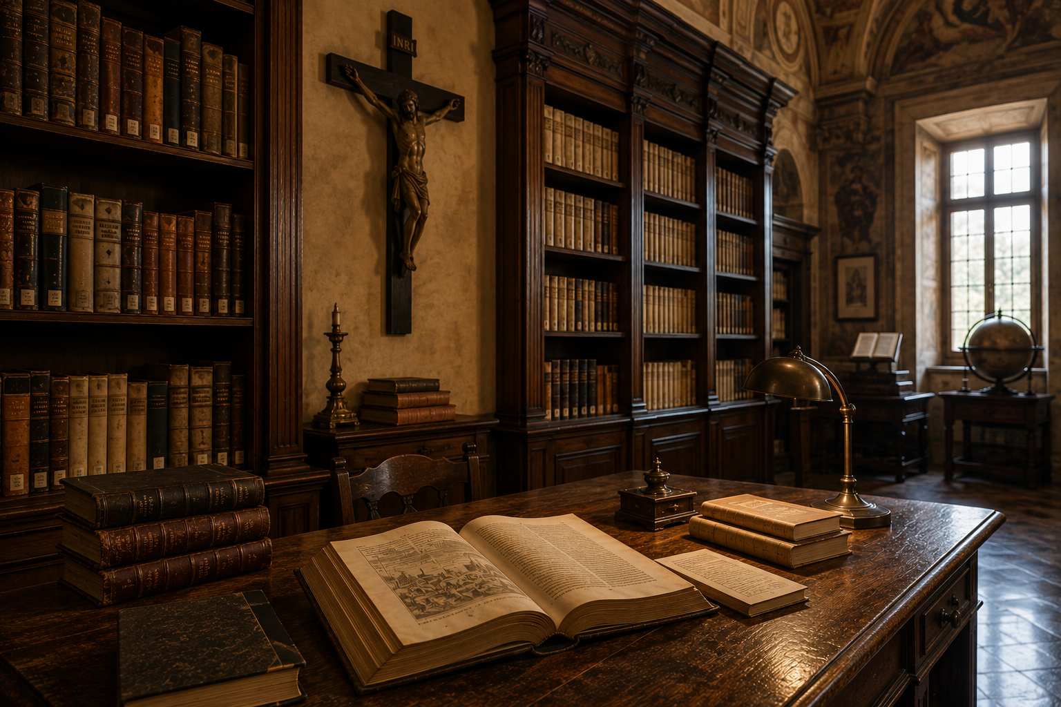 A historic library with tall wooden bookshelves filled with old books, a wooden desk with open and stacked books, a brass desk lamp, a crucifix on the wall, and a large window letting in natural light.