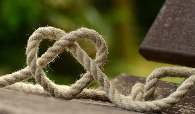 A close-up of a thick, white rope tied in knots on a wooden surface with a blurred green background.