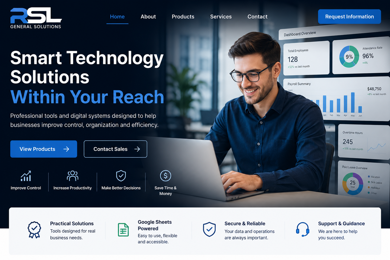 Homepage of RSL General Solutions website showing a smiling man working on a laptop with various business data graphics in the background, including charts and statistics.