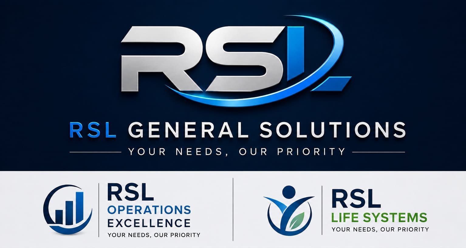 Logo for RSL General Solutions featuring the RSL acronym in large silver and blue letters, with the words 'RSL General Solutions' and the slogan 'Your Needs, Our Priority'. Two sections below highlight services: RSL Operations Excellence and RSL Life Systems, each with respective icons and taglines.