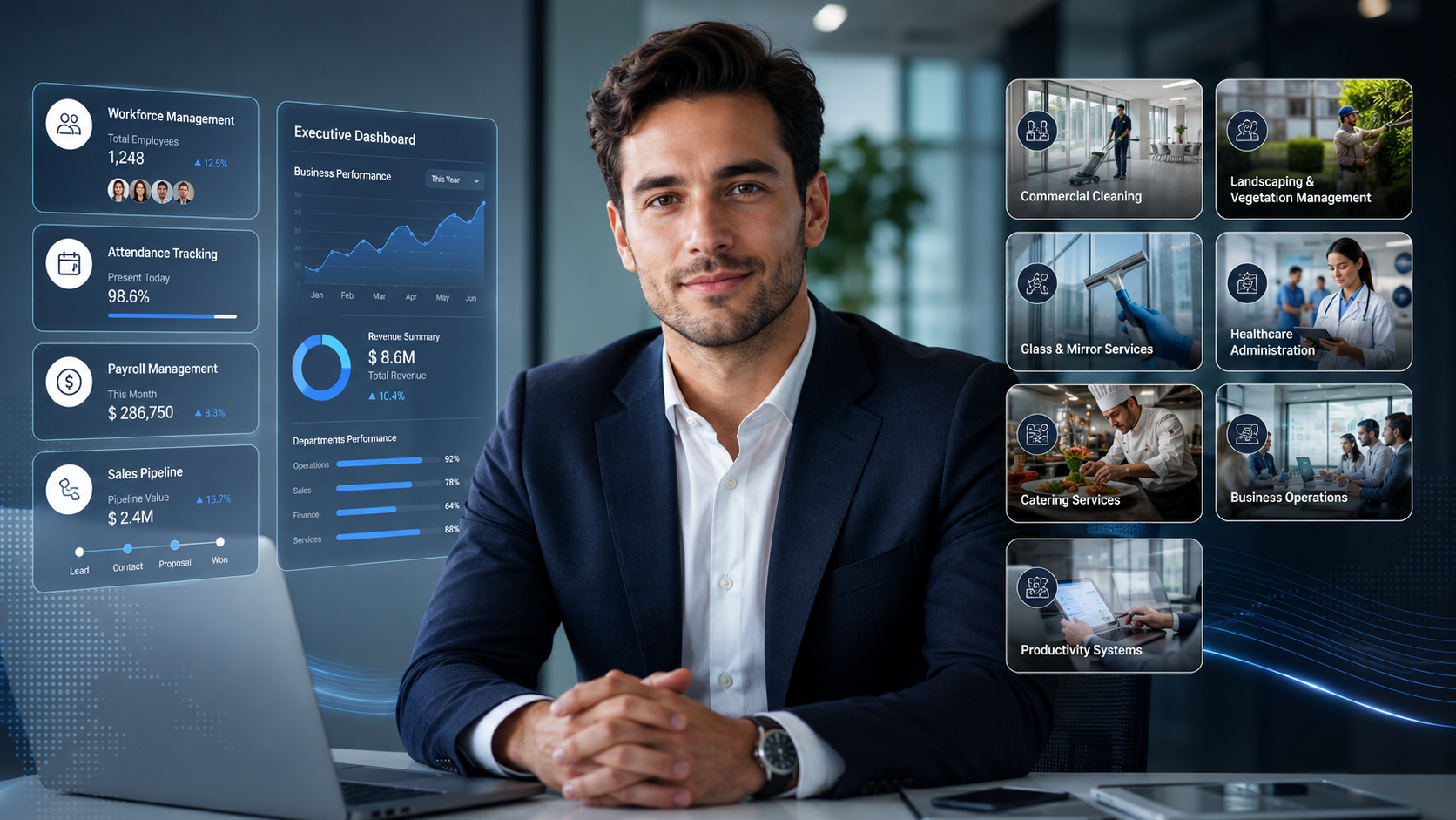 A professional man sitting at a desk with a laptop, surrounded by a virtual interface displaying business and service icons, charts, and management data in a modern office environment.