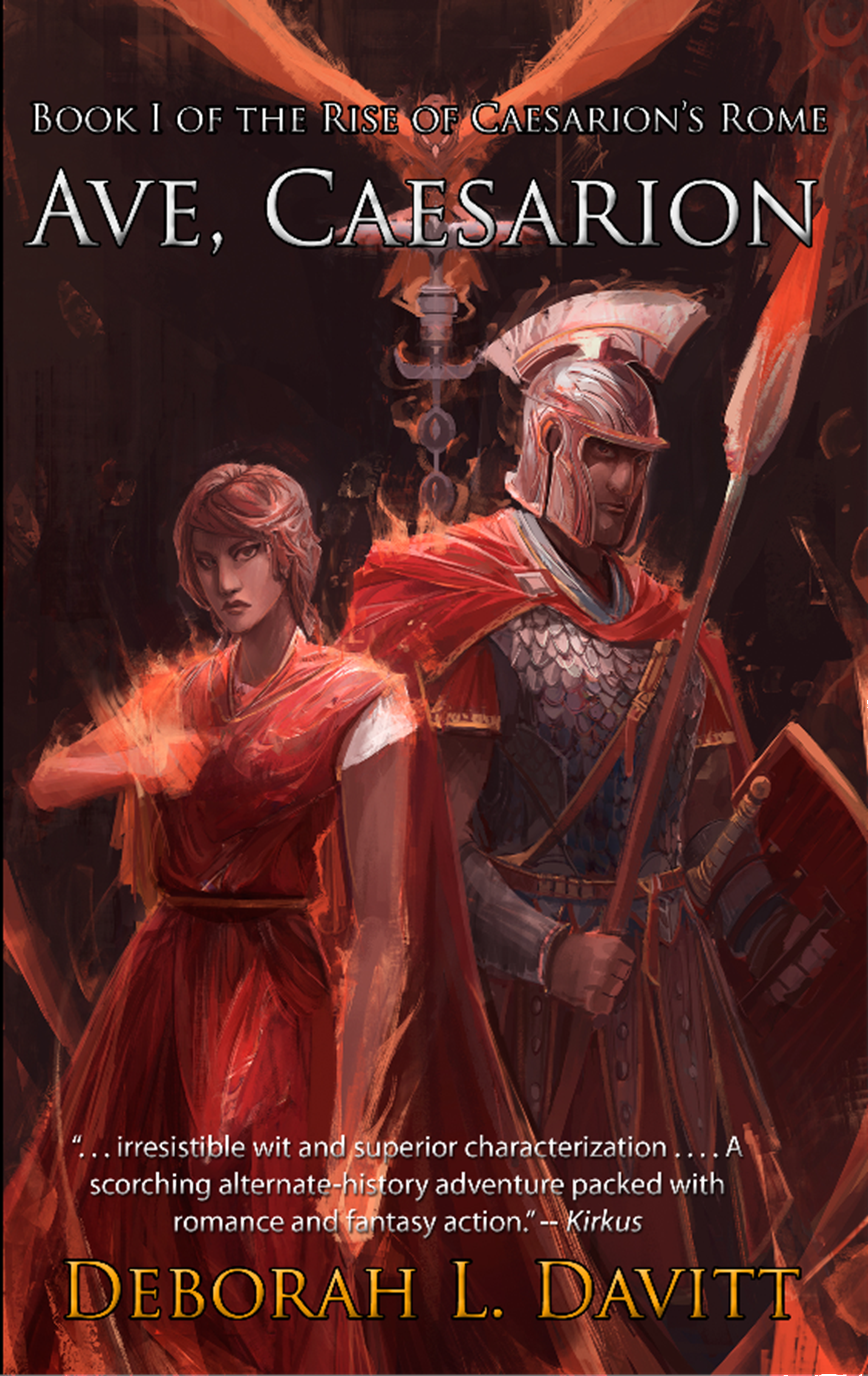 The book cover of 'Ave, Caesarion' by Deborah L. Davitt, featuring an illustrated scene with a female warrior and a male soldier in armor, with a dark background and red accents, and a fiery hawk soaring overhead.