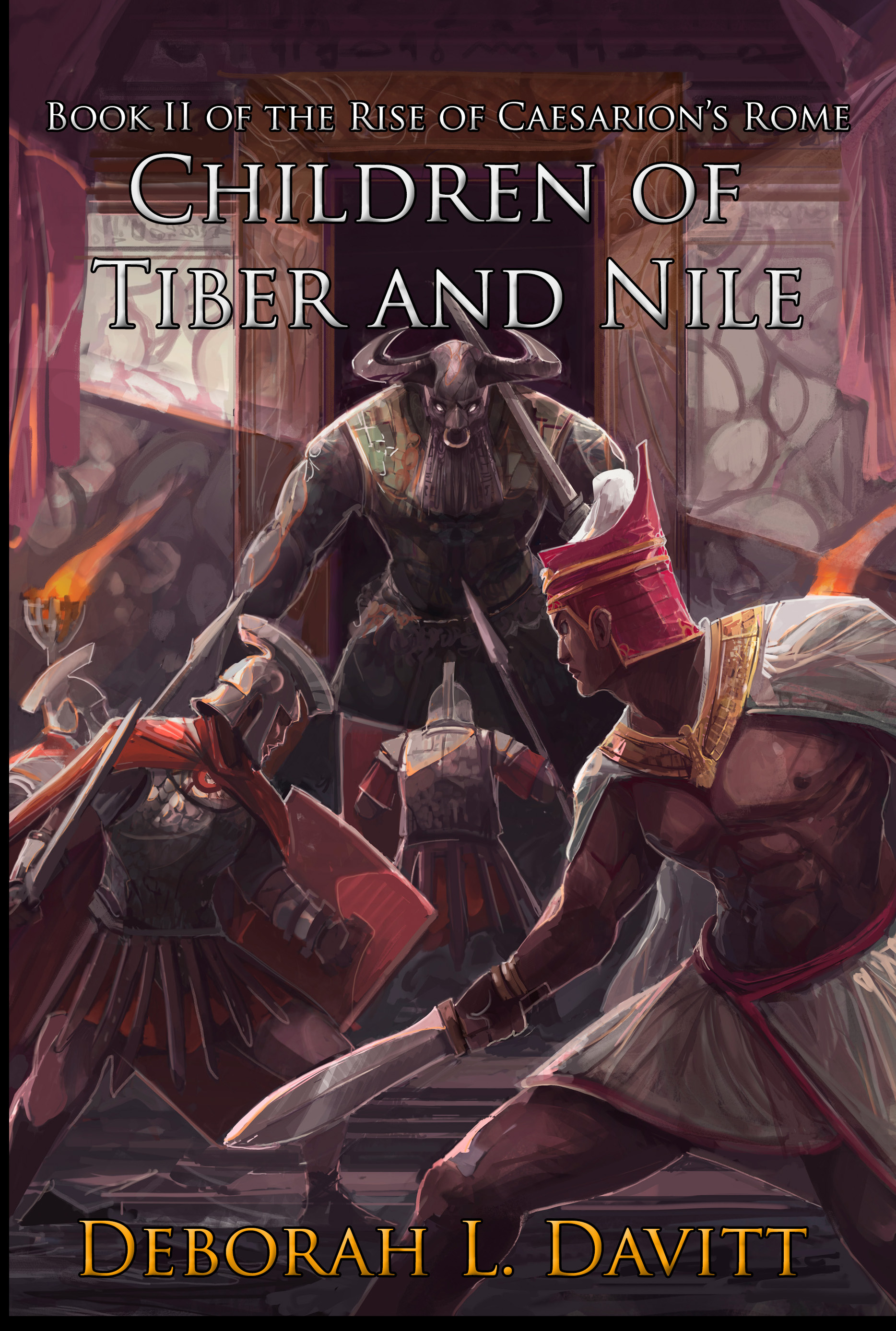 Book cover for 'Children of Tiber and Nile' by Deborah L. Davitt, featuring Roman soldiers, an Egyptian pharoah, and a minotaur.