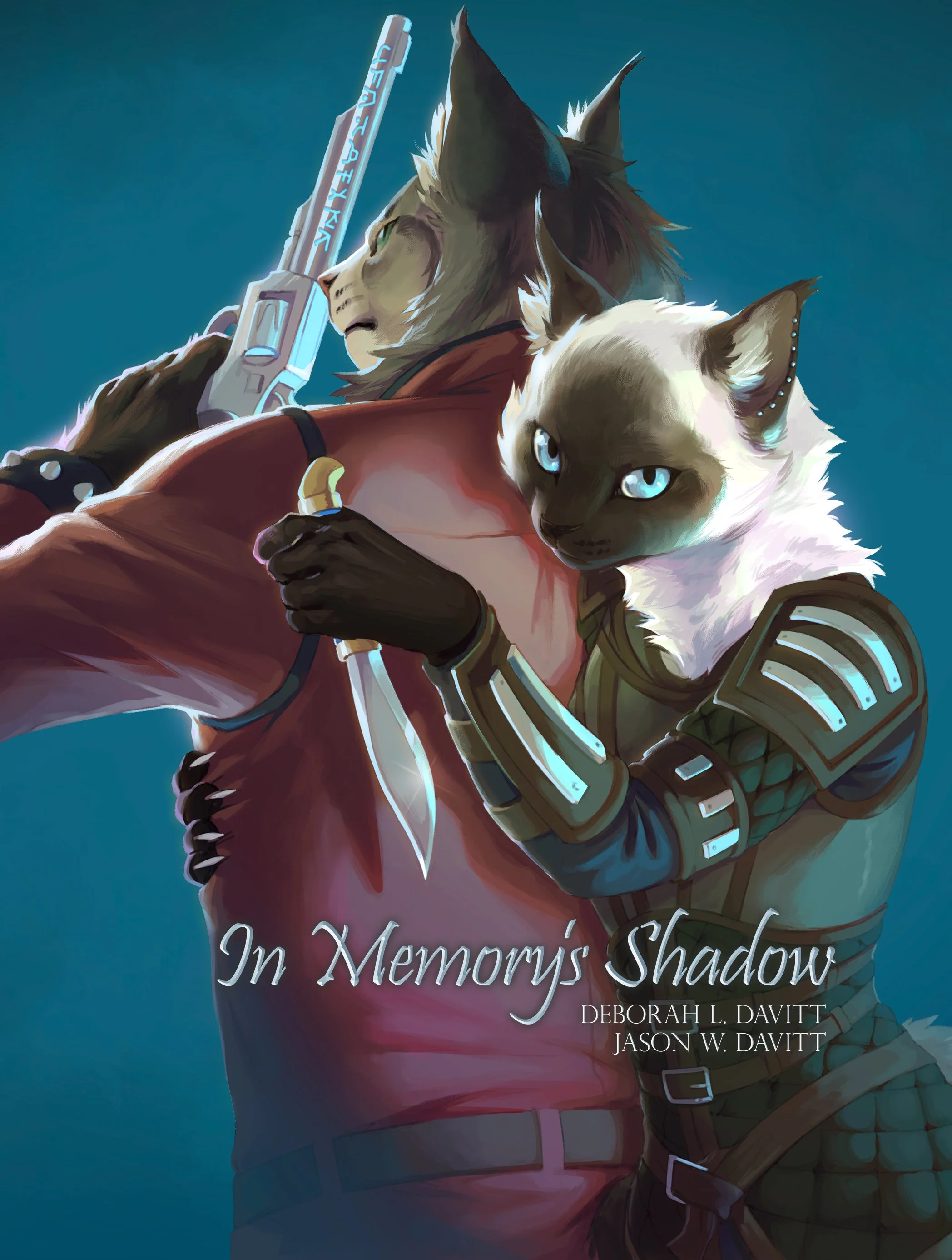Cover of a book titled 'In Memories Shadow' by Deborah L. Davitt and Jason W. Davitt, featuring an anthropomorphic feline character with a pistol, and a female anthro guarding his back.