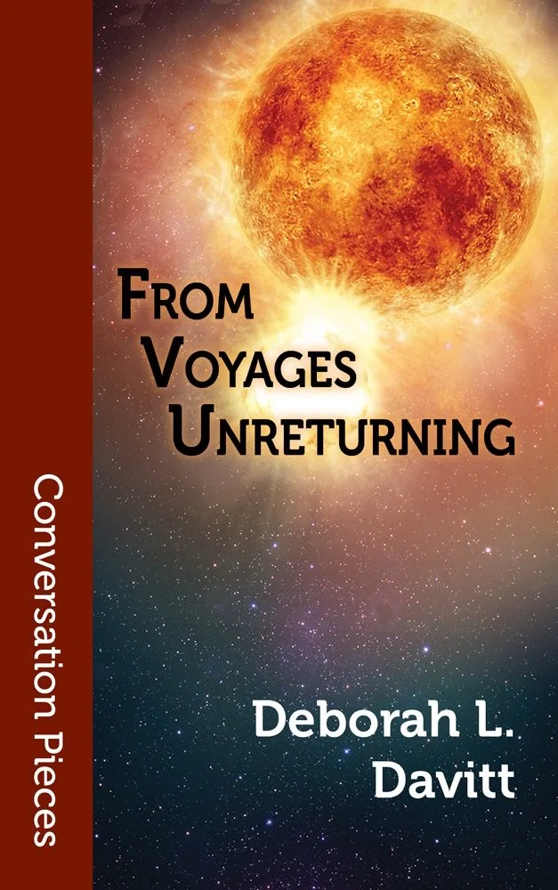 Book cover titled 'From Voyages Unreturning' by Deborah L. Davitt, featuring a large, glowing orange celestial body in space with stars and cosmic dust in the background.