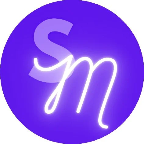 A circular blue background with a large, faint letter 'S' and a bright neon-style letter 'm' in the center.
