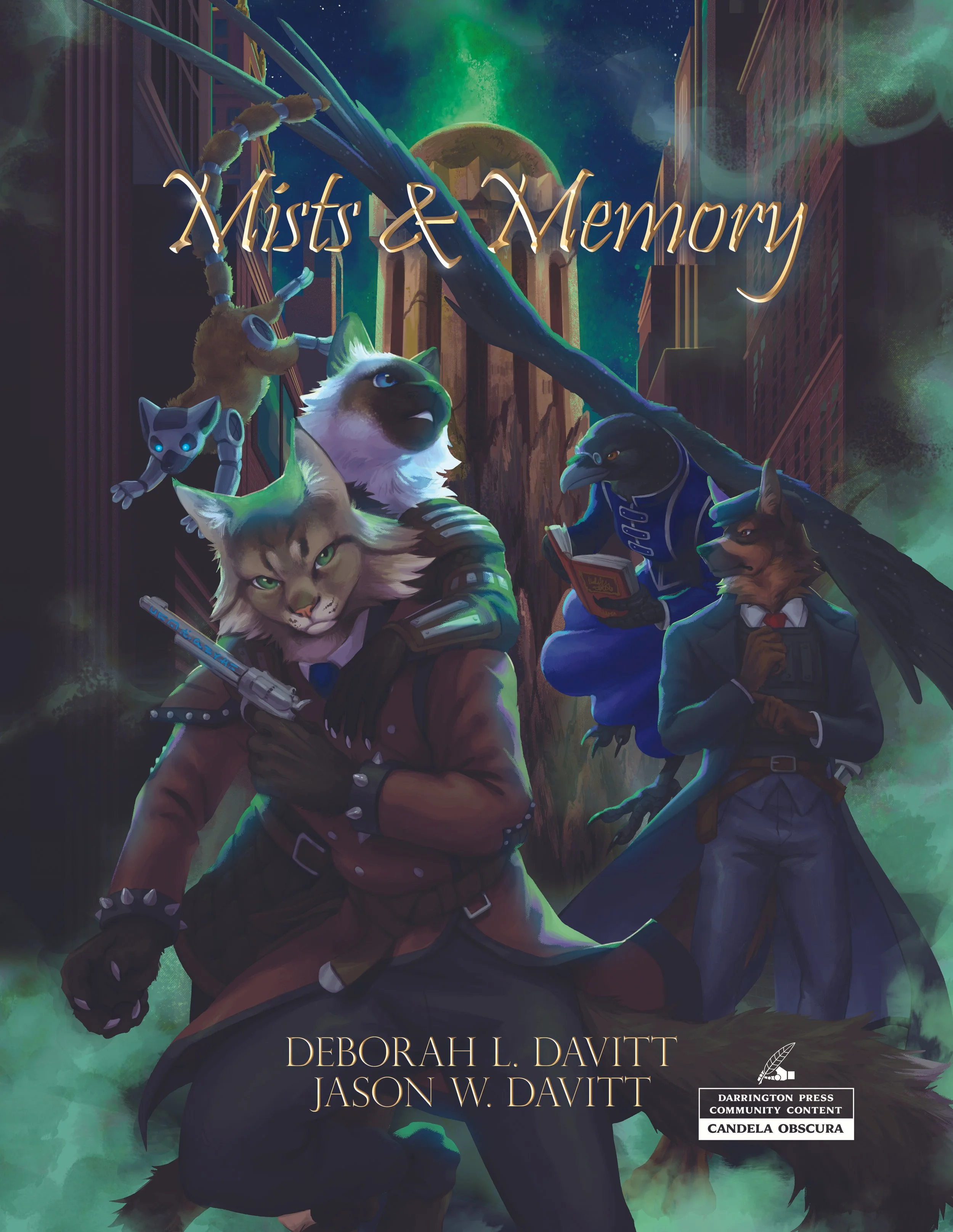 A fantasy illustration featuring four anthromorphic animals. The title 'Mists & Memory' is written across the top, and the authors' names, Deborah L. Davitt and Jason W. Davitt, are at the bottom