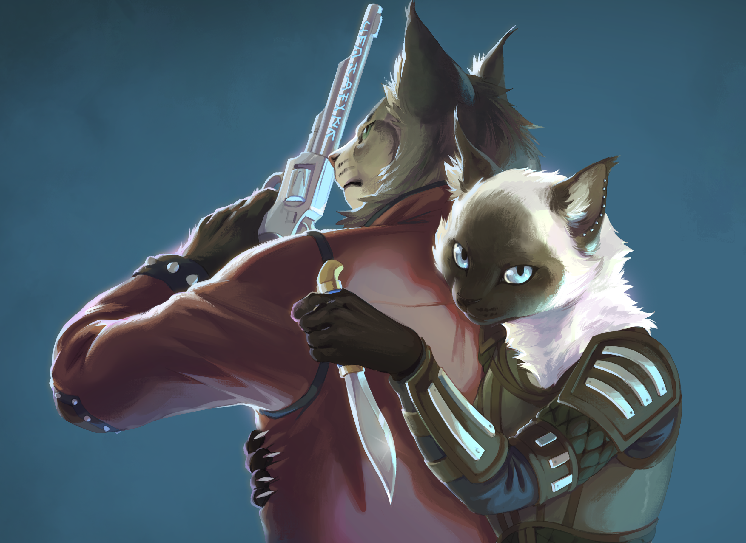 Cover for "In Memory's Shadow," a novel by Deborah L. Davitt. A male anthropomorphic cat, wearing a brown jacket, holding pistol, with a female anthropomorphic cat behind him, guarding his back with a dagger in her hand.