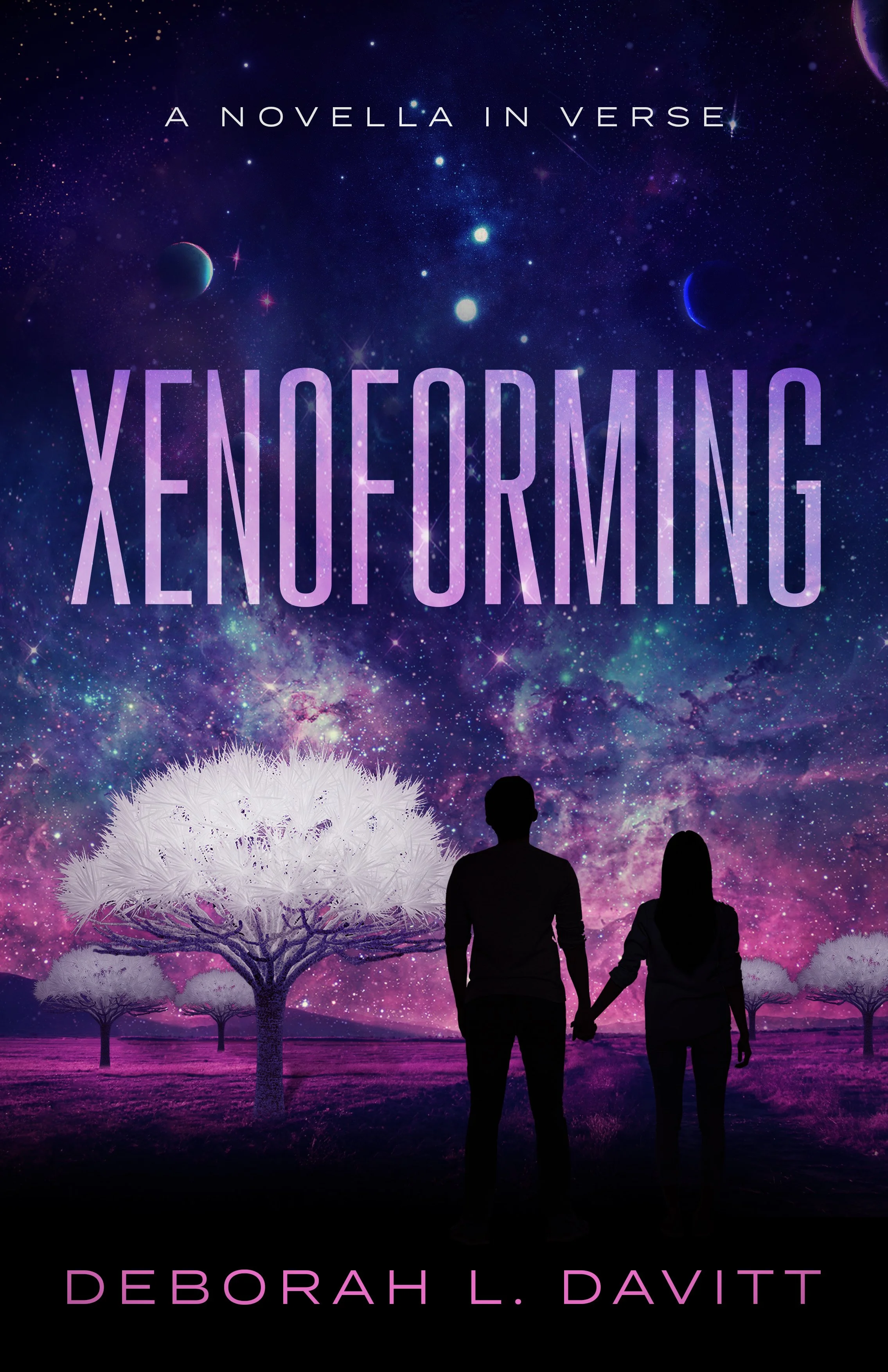 Book cover for 'Xenofirming' by Deborah L. Davitt, featuring a starry galaxy background with planets, glowing white trees, and a silhouetted couple holding hands.