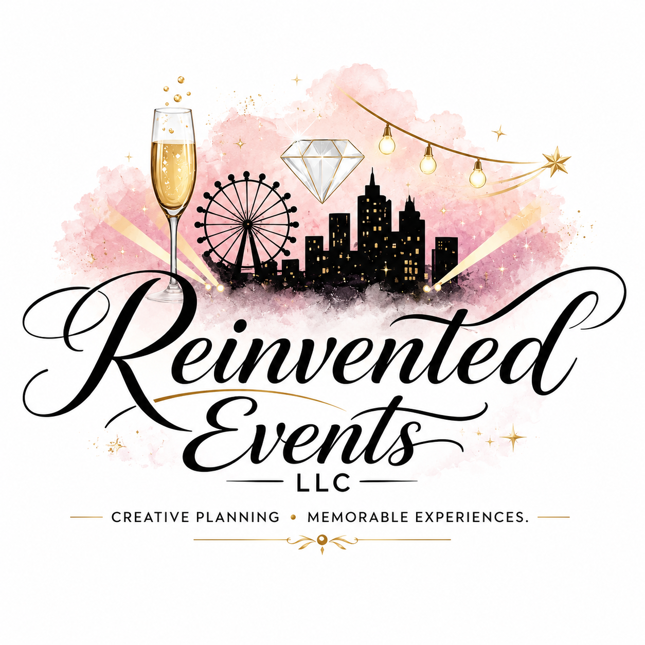 Logo for Reinvented Events LLC featuring a stylized city skyline, a champagne glass, a diamond, a Ferris wheel, and decorative string lights with pink watercolor background, with text promoting creative planning and memorable experiences.