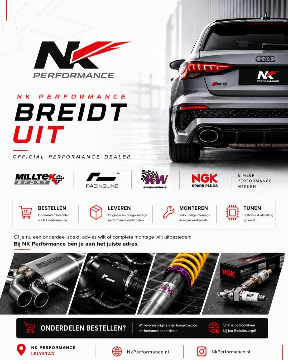 NIEUW BIJ NK PERFORMANCE 🔥
We breiden uit.

Vanaf nu zijn wij officieel dealer van verschillende bekende performance-merken, waaronder Milltek Sport, RacingLine, KW Suspension en NGK.

Daarmee kunnen we nog meer onderdelen leveren &eacute;n monteren