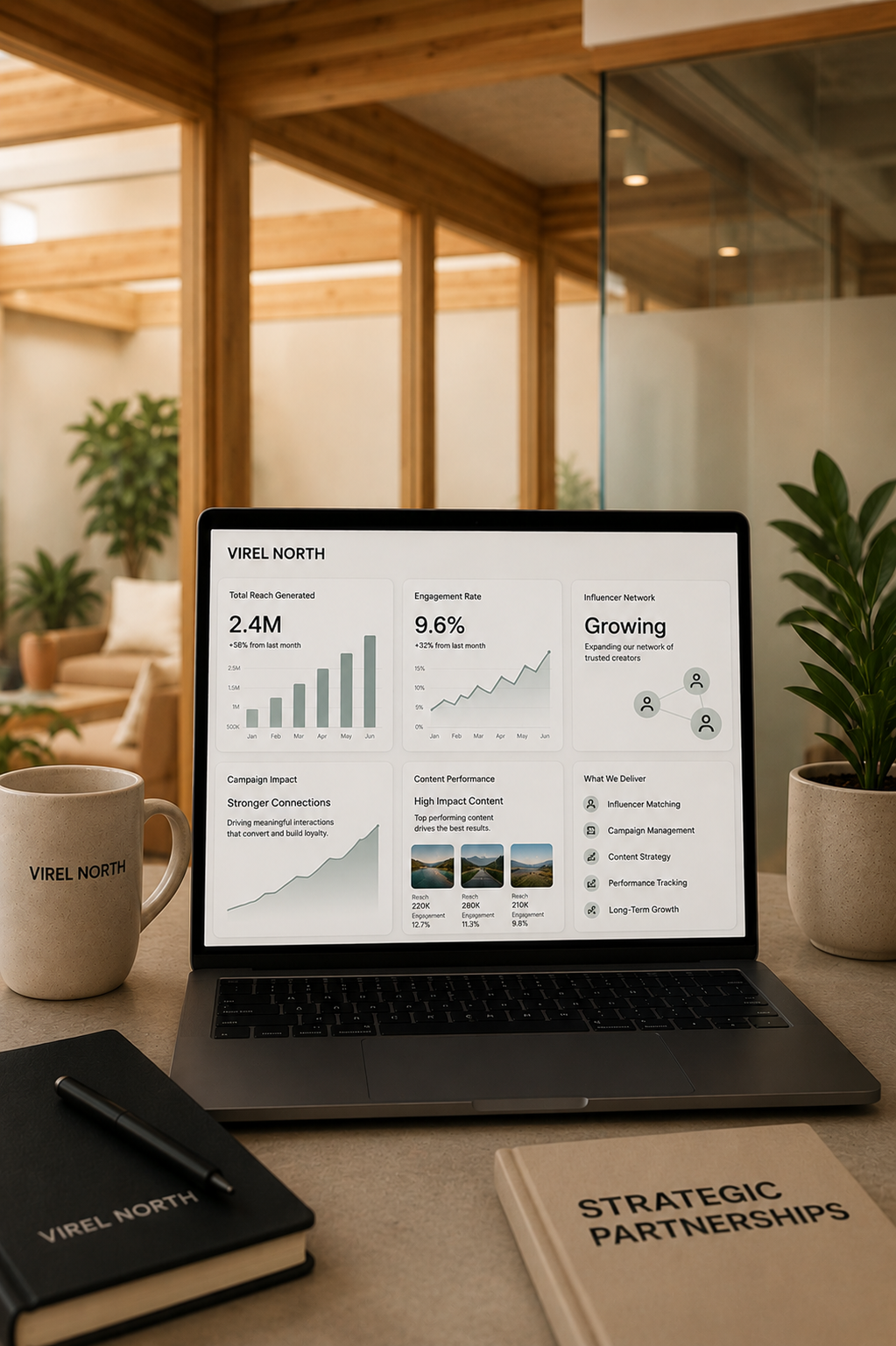 Laptop displaying analytics dashboard for VIREL NORTH on a desk in a modern office with potted plants, a coffee mug, a black notebook, a pen, and a book titled "STRATEGIC PARTNERSHIPS."