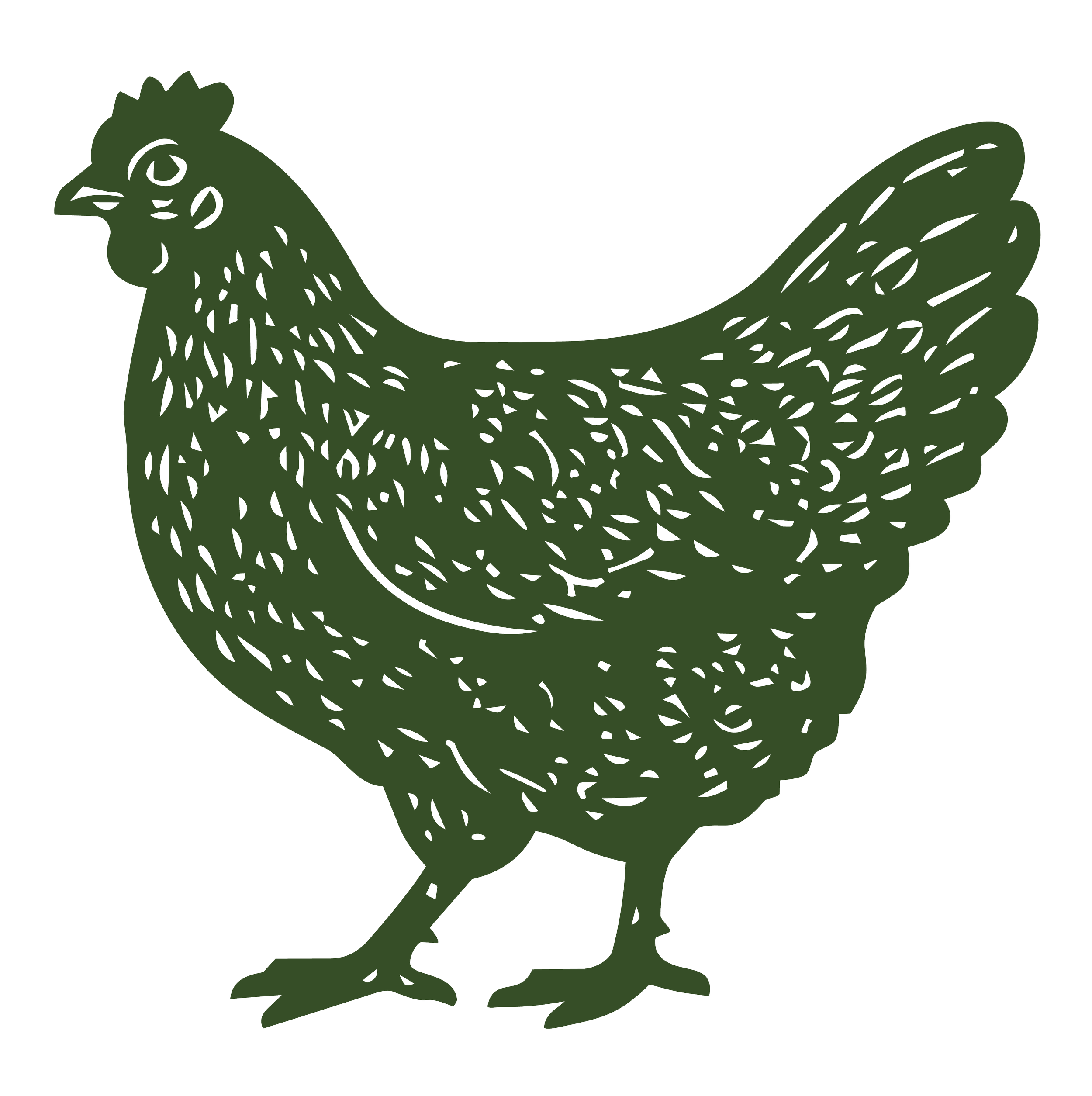 Stylized outline of a chicken in dark green color.