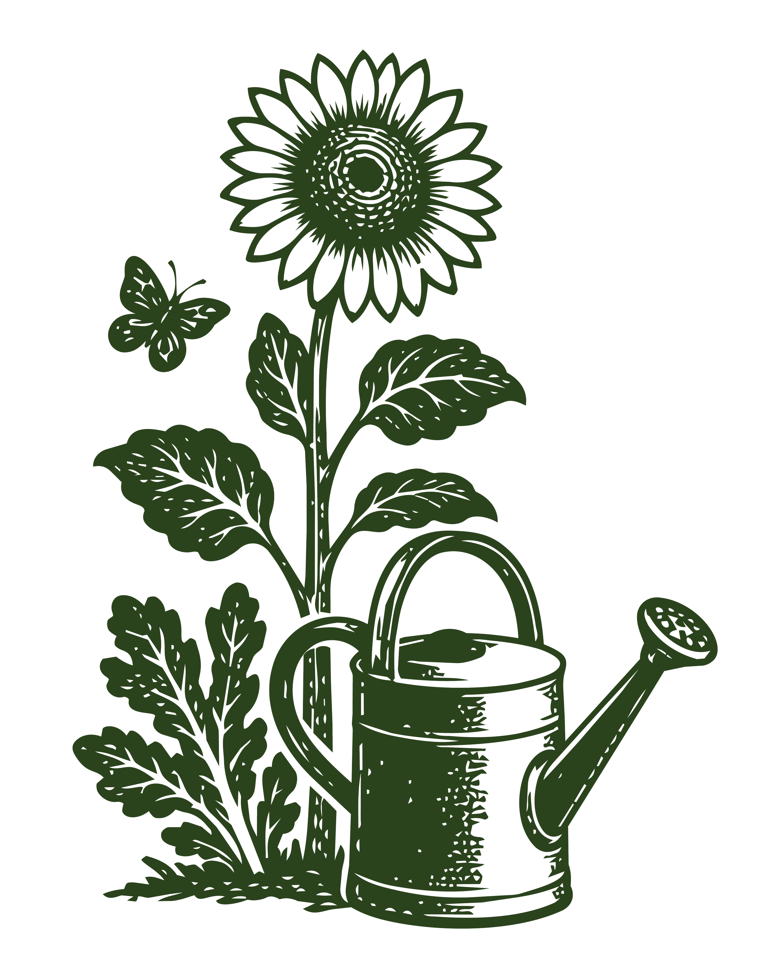 A line drawing of a sunflower growing in a watering can, with a butterfly nearby.
