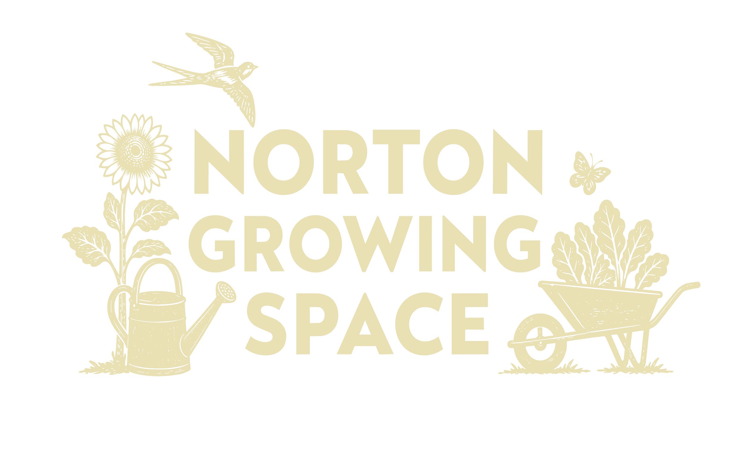 Decorative illustration with the text 'Norton Growing Space' surrounded by gardening elements like a sunflower, a watering can, a wheelbarrow, and a bird in flight.
