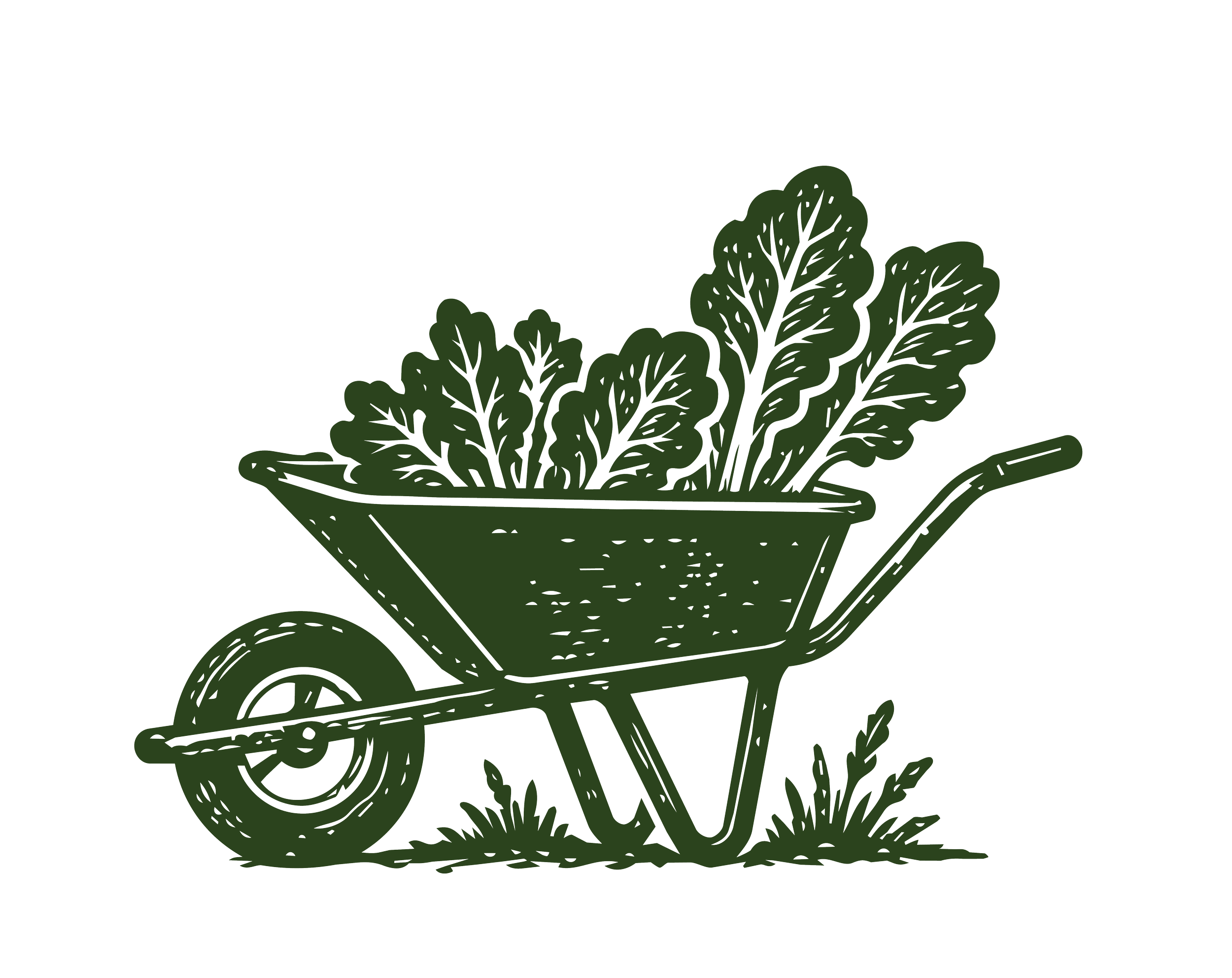 A green illustration of a wheelbarrow filled with leafy greens.