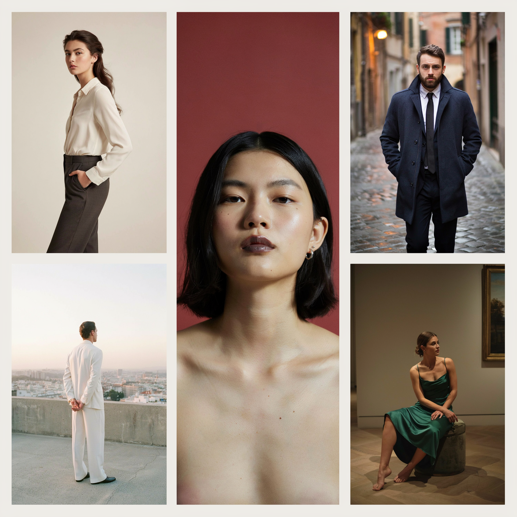 Collage of six portraits featuring diverse individuals in various settings, including studio backgrounds and urban environments, displaying different fashion styles and poses.