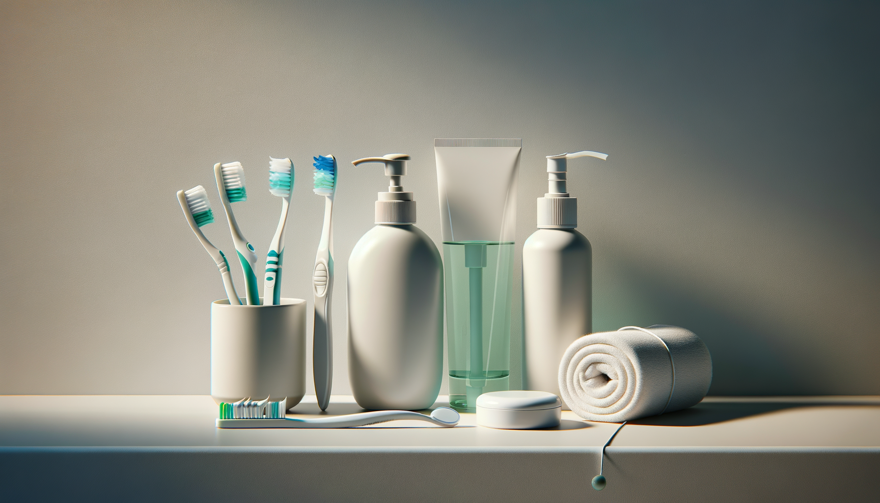 Collection of personal hygiene items including toothbrushes in a holder, a tube of toothpaste, liquid soap or lotion dispenser, a tube or bottle, a rolled towel, and a small container on a white surface.