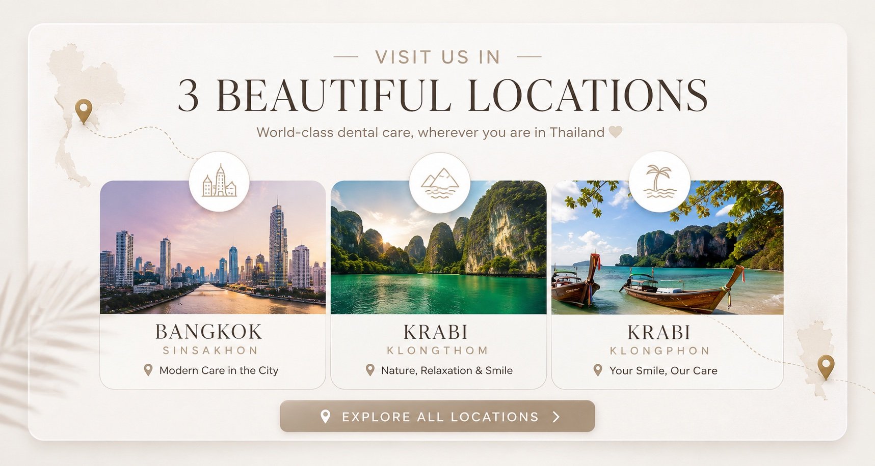 Tourist advertisement for dental care with three locations in Thailand: Bangkok city skyline, Krabi with mountains and water, Krabi with boats on a beach.