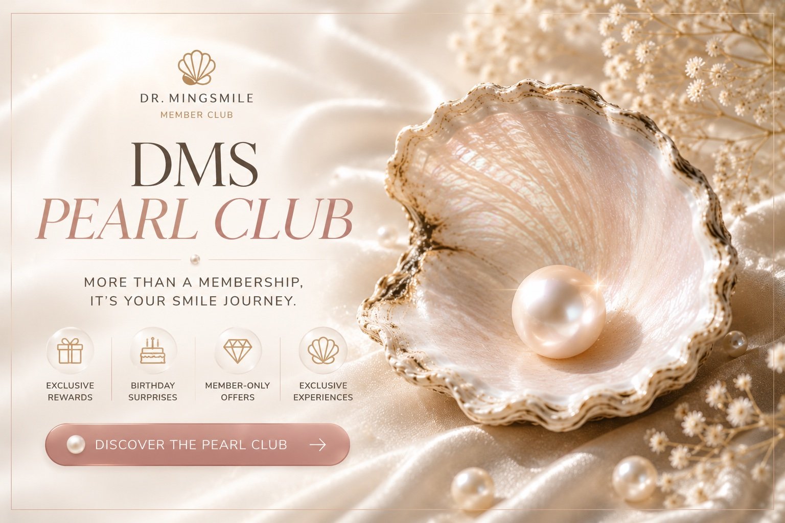 A pearl inside an open oyster shell, surrounded by pearls and small white flowers, with text promoting the DMS Pearl Club membership.
