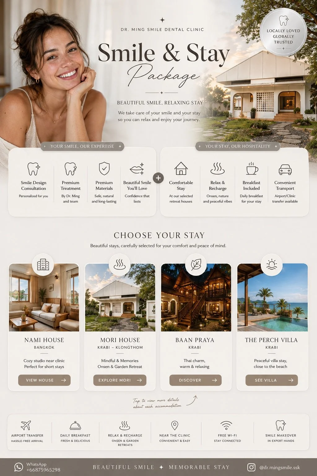 Flyer for Dr. Ming Smile Dental Clinic promoting a smile and stay package, featuring a smiling woman, images of retreat houses in Bangkok, Krabi, and Krabi, and icons for amenities like treatment consultation, comfortable stay, breakfast, and transport.