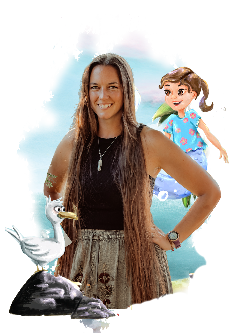 A woman with long brown hair smiling, wearing a black sleeveless top, a necklace, and a watch, standing with her hand on her hip next to animated characters including a child's cartoon girl with brown hair and a pink dress, a white cartoon goose with a yellow beak standing on a rock, and a green parrot, with a background resembling a blue sky with clouds.