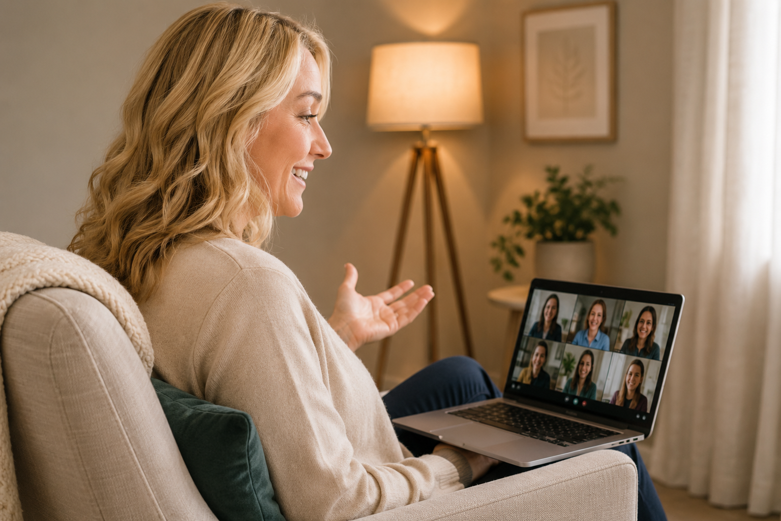 A woman with blonde hair smiling and talking during a video call on her laptop in a cozy living room with a beige sofa, a green pillow, a wooden floor lamp, and framed artwork on the wall.