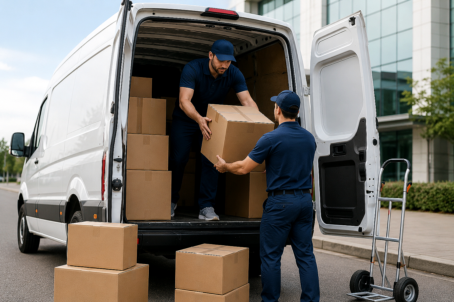 Two delivery workers unloading boxes from a white delivery van on a city street, with a modern glass building and a luggage cart nearby.
