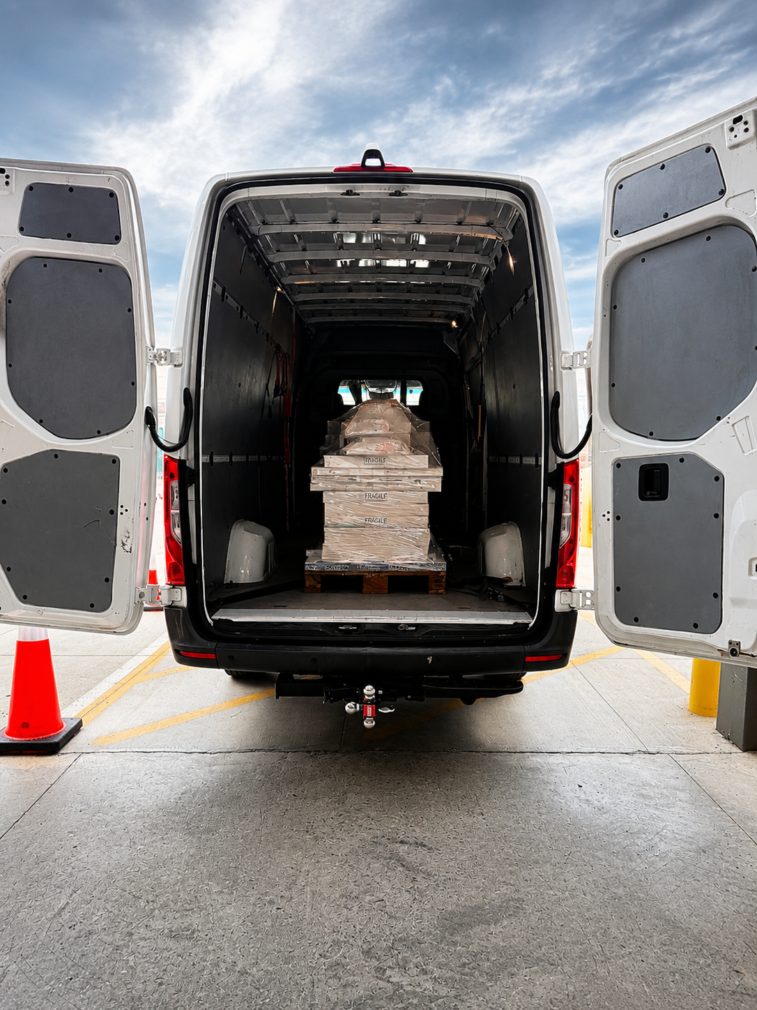 Back of a white delivery van with open rear doors, showing pallets of boxed goods inside, parked in a lot with orange cones and a cloudy sky.