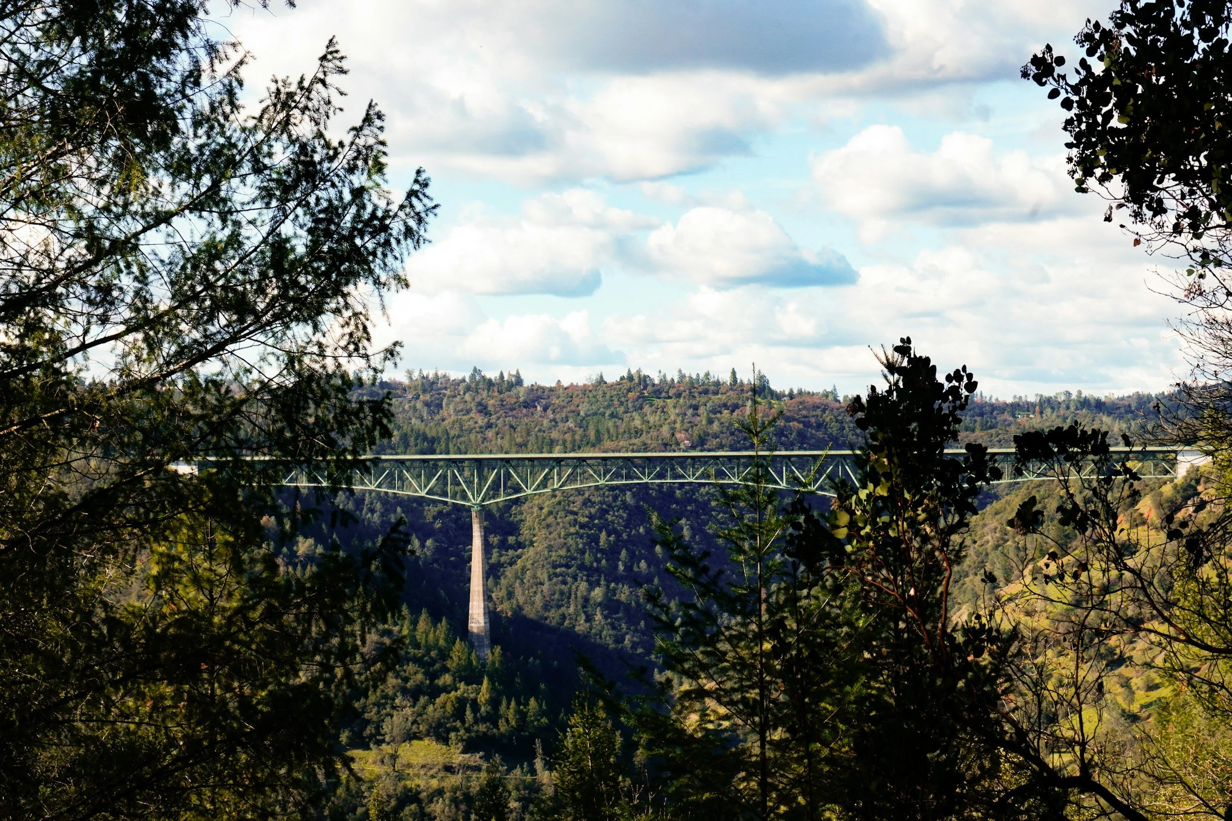 Scenic view of a bridge spanning a deep valley, framed by trees with leaves and branches, with a cloudy sky above.