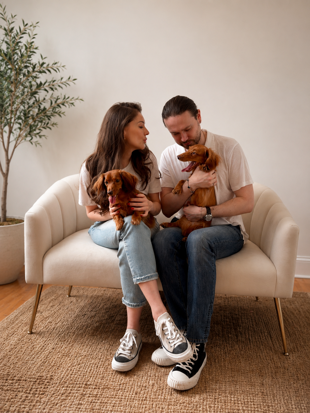 A young couple sitting on a cream-colored sofa with two small brown Dachshund dogs, one on each person's lap, in a room with a potted plant and a beige rug.