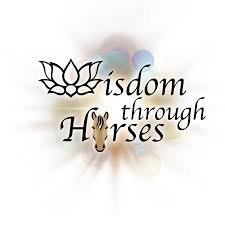Logo with a lotus flower symbol and the text 'wisdom through Horses,' featuring a horse's hoof print.