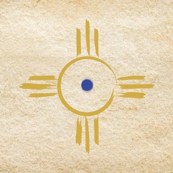 Abstract design featuring a gold circle and lines on a textured beige background, with a central blue dot.