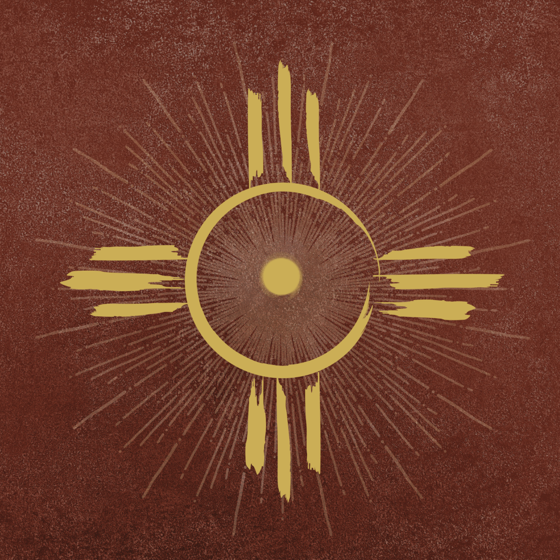 A stylized gold and yellow design resembling a sun or celestial motif against a reddish-brown textured background.