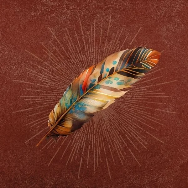 Colorful feather with blue, orange, and beige patterns on a brown background with radiating lines.
