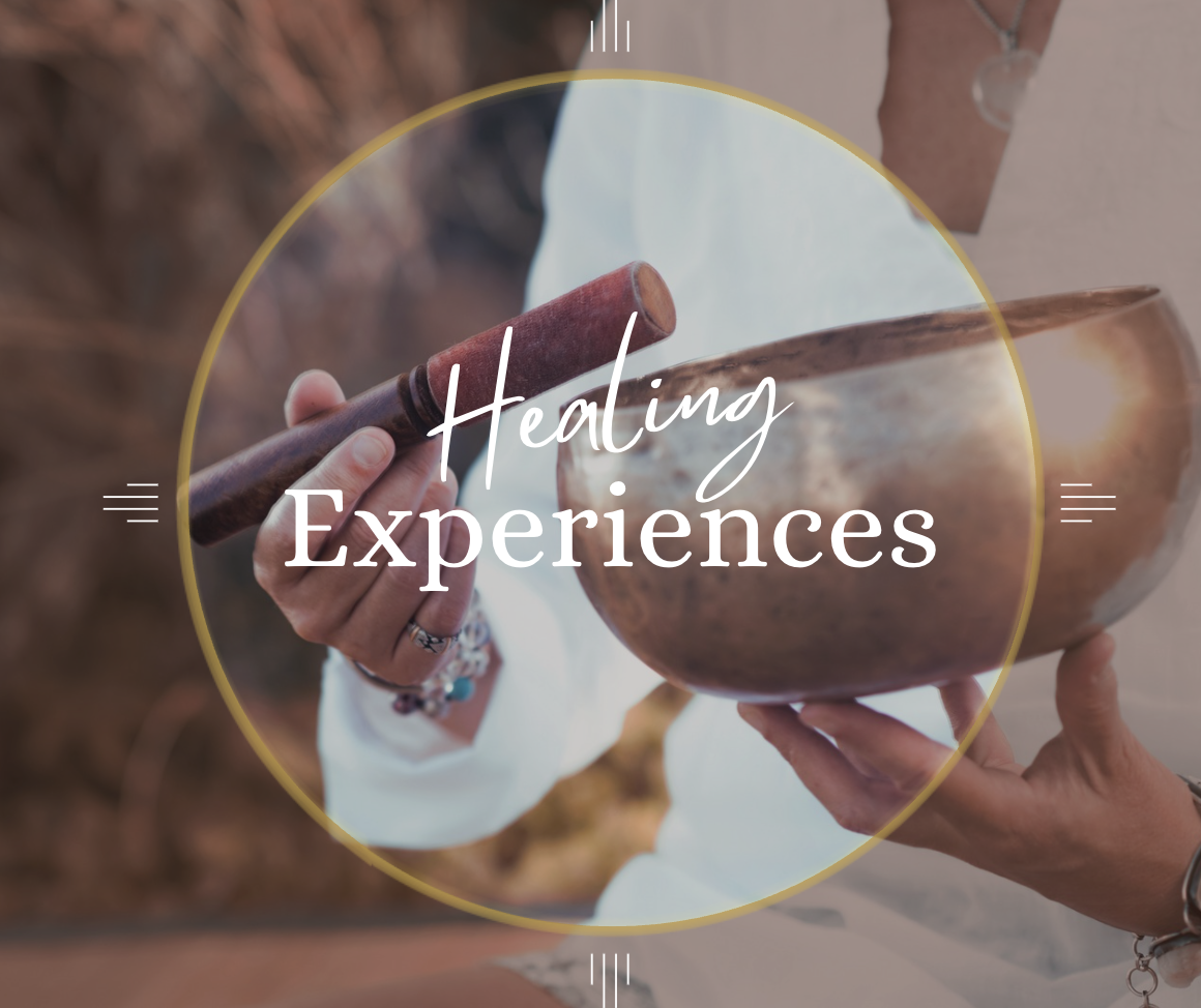 A person holding a wooden percussion instrument and a singing bowl, with the text 'Healing Experiences' overlayed.