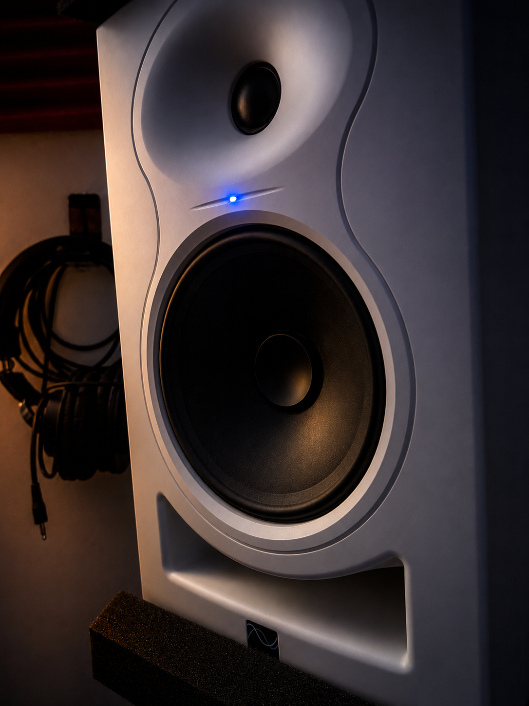Close-up of a white studio monitor speaker with a black cone and blue LED light, positioned on a black foam base, with audio cables nearby.